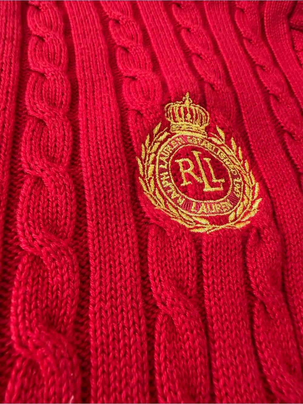 Ralph Lauren Bright Red Cable-Knit Zip Cardigan with Crest